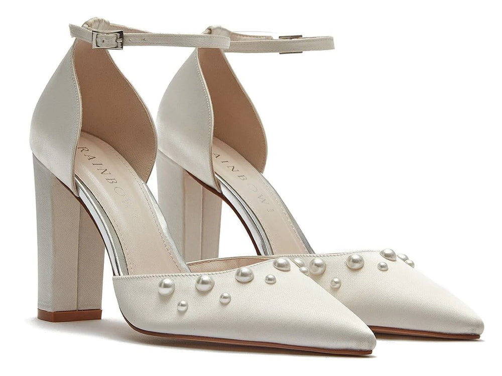 Ivory pearl bridal shoes with plaited leather front toe and pearl block heel